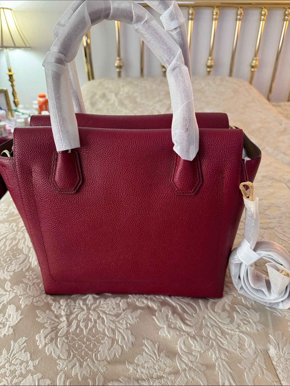 Michael Kors Pebbled Leather Satchel in Wine Red